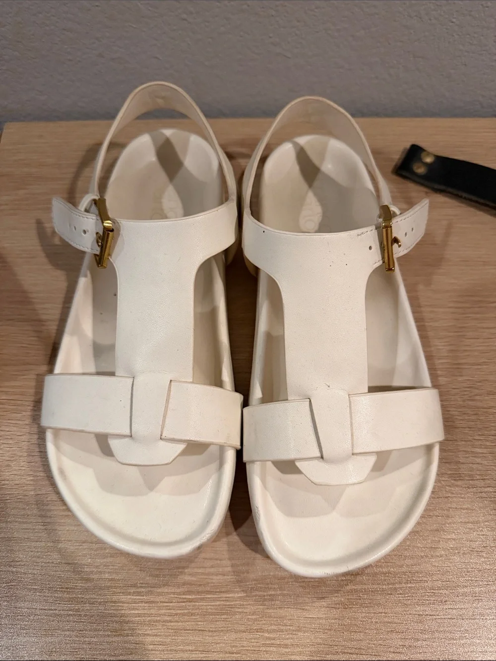 Franco Sarto White T-Strap Sandals with Gold Buckle
